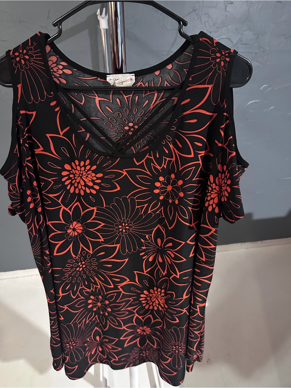 Women’s Black Cold-Shoulder Top with Orange Floral Print
